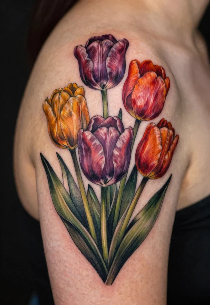 16 Flower Shoulder Tattoo Ideas: Feminine Graceful Placement - 14. Stunning Tulip Arrangements 1