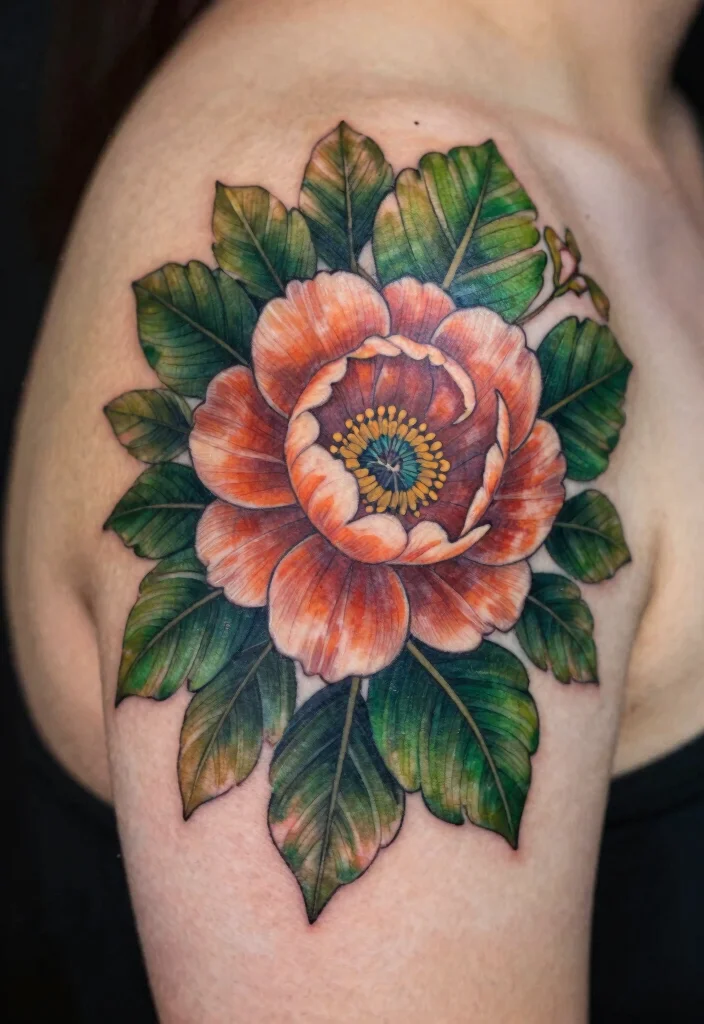 16 Flower Shoulder Tattoo Ideas: Feminine Graceful Placement - 15. Lush Green Leaves and Blooms 1