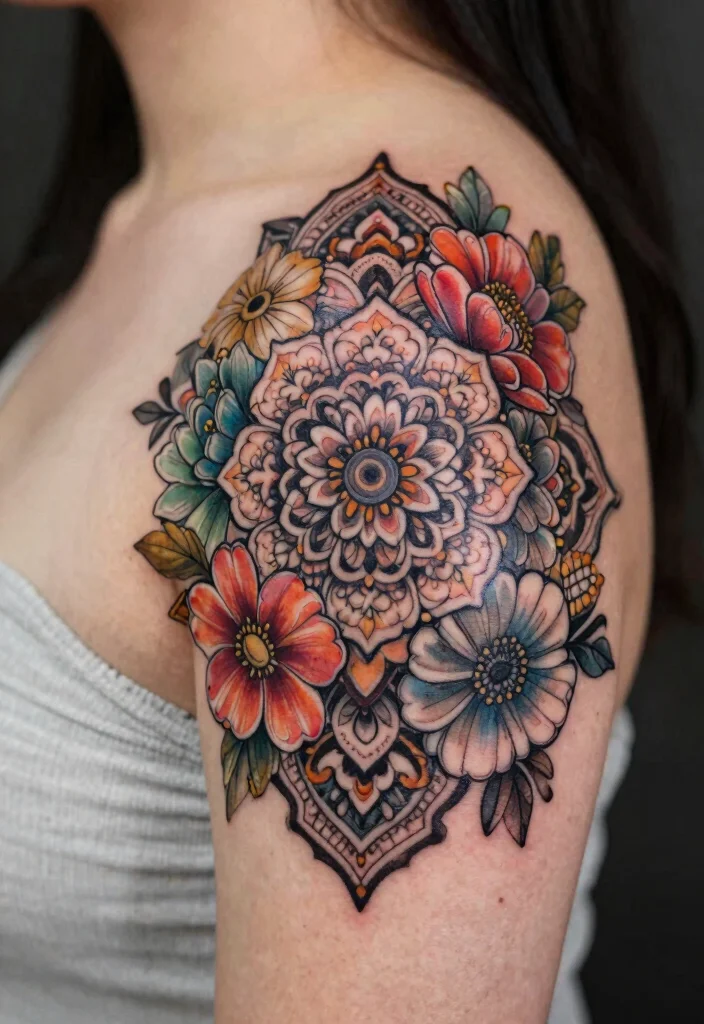 16 Flower Shoulder Tattoo Ideas: Feminine Graceful Placement - 16. Unique Floral Mandalas 1