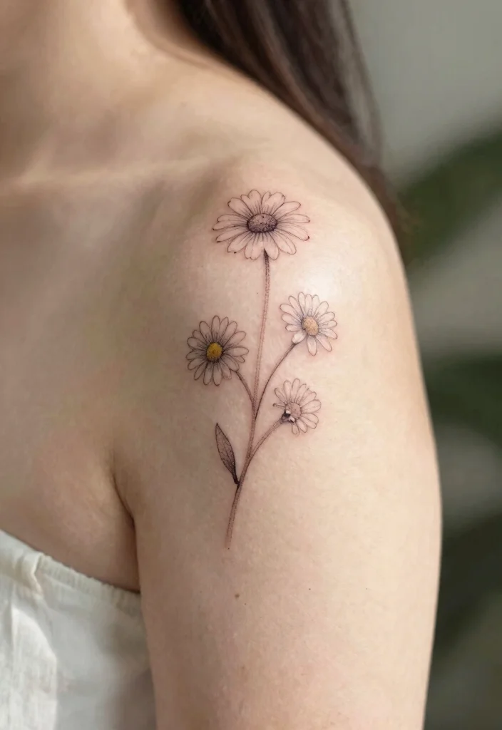 16 Flower Shoulder Tattoo Ideas: Feminine Graceful Placement - 2. Minimalistic Daisy Chains 1