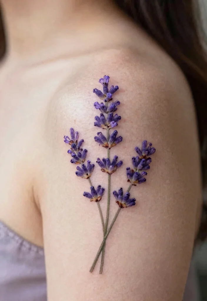 16 Flower Shoulder Tattoo Ideas: Feminine Graceful Placement - 3. Romantic Lavender Sprigs 1