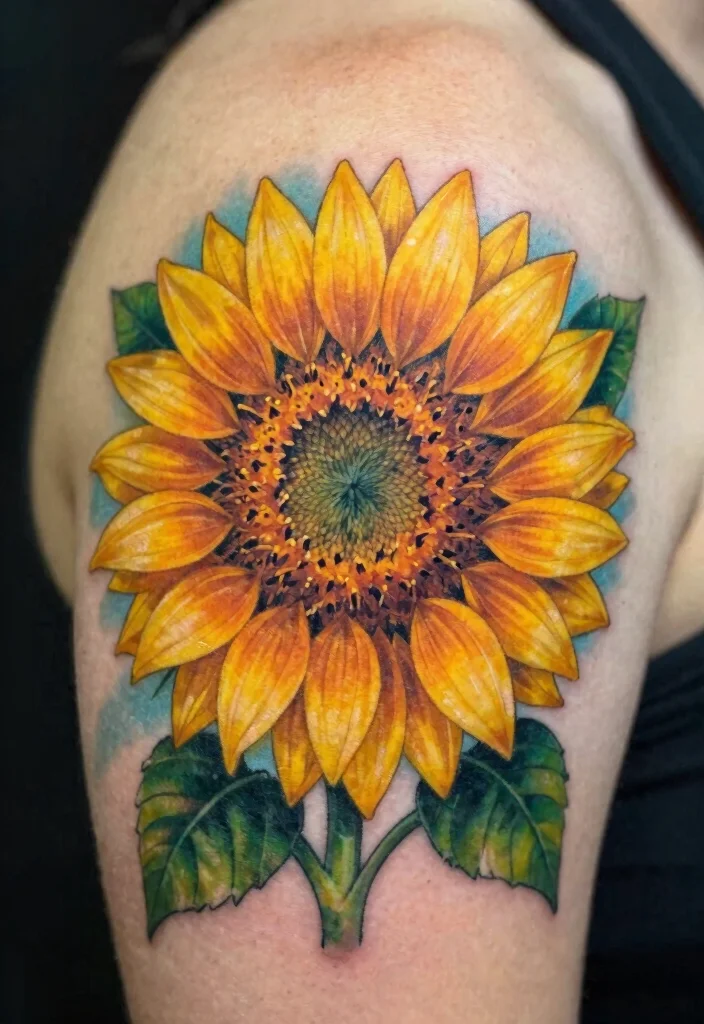 16 Flower Shoulder Tattoo Ideas: Feminine Graceful Placement - 4. Vivid Sunflower Ink 1