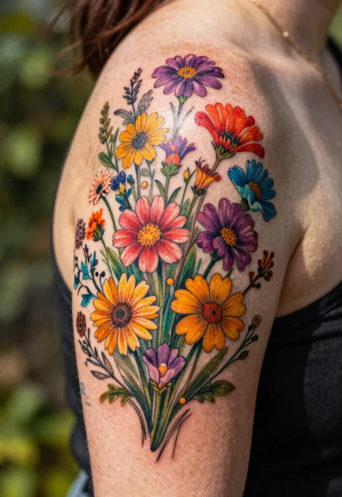 16 Flower Shoulder Tattoo Ideas: Feminine Graceful Placement - 6. Whimsical Wildflowers 1