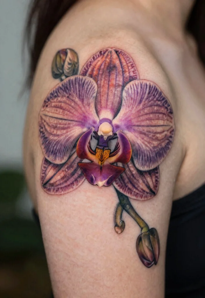 16 Flower Shoulder Tattoo Ideas: Feminine Graceful Placement - 8. Stunning Orchid Designs 1