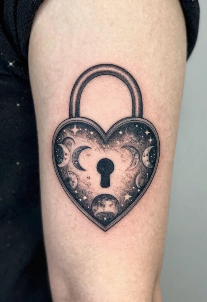 16 Heart Lock Tattoo Ideas: Romantic, Symbolic, and Classic - 16. Heart Lock with Moon Phases 1