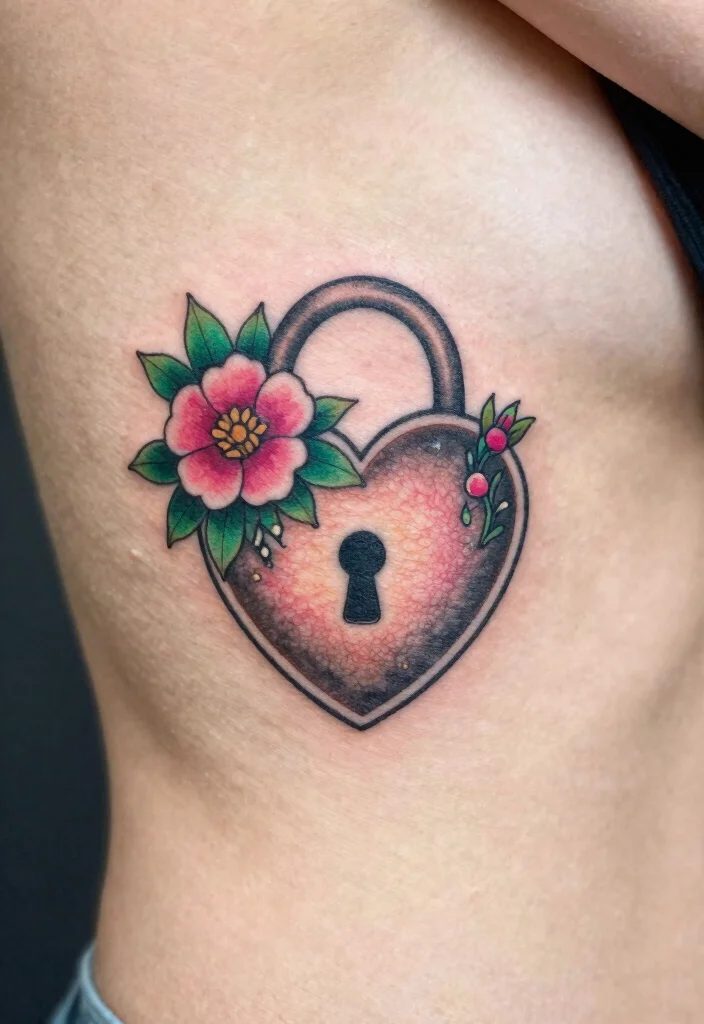 16 Heart Lock Tattoo Ideas: Romantic, Symbolic, and Classic - 4. Heart Lock with Floral Accents 1