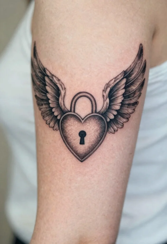 16 Heart Lock Tattoo Ideas: Romantic, Symbolic, and Classic - 5. Heart Lock with Wings 1