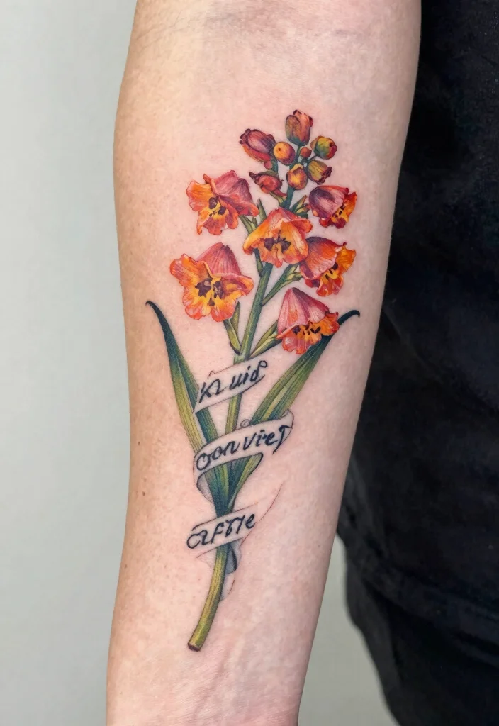 16 July Birth Flower Tattoo Ideas: Meaningful Floral Ink - 12. Larkspur with Inspirational Quote 1