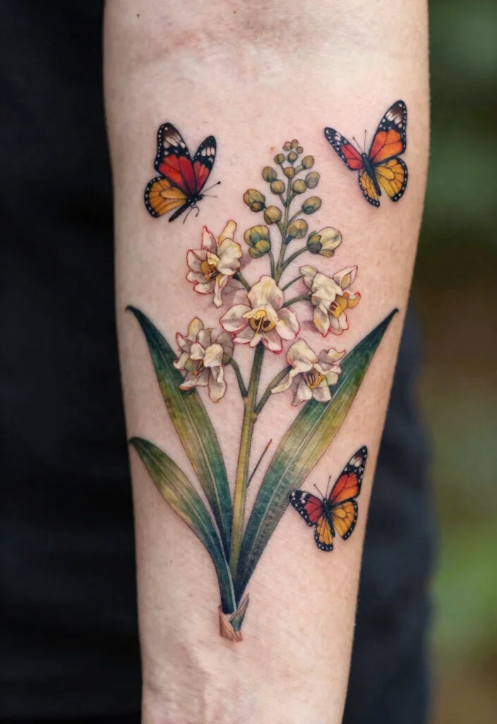 16 July Birth Flower Tattoo Ideas: Meaningful Floral Ink - 15. Larkspur with Nature Elements 1