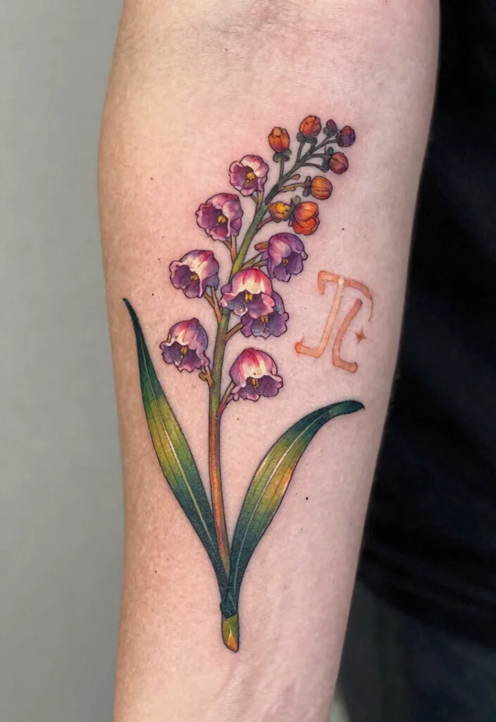 16 July Birth Flower Tattoo Ideas: Meaningful Floral Ink - 7. Larkspur Infused with Zodiac Signs 1