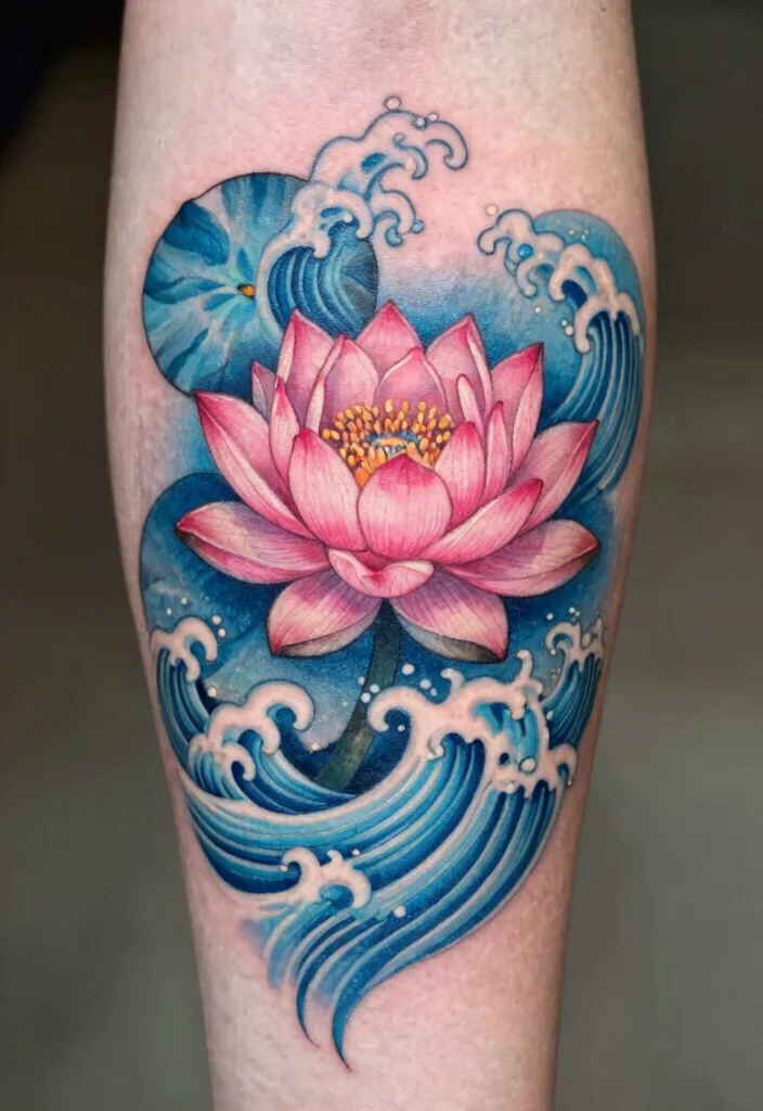 16 July Birth Flower Tattoo Ideas: Meaningful Floral Ink - 8. Water Lily with Waves 1