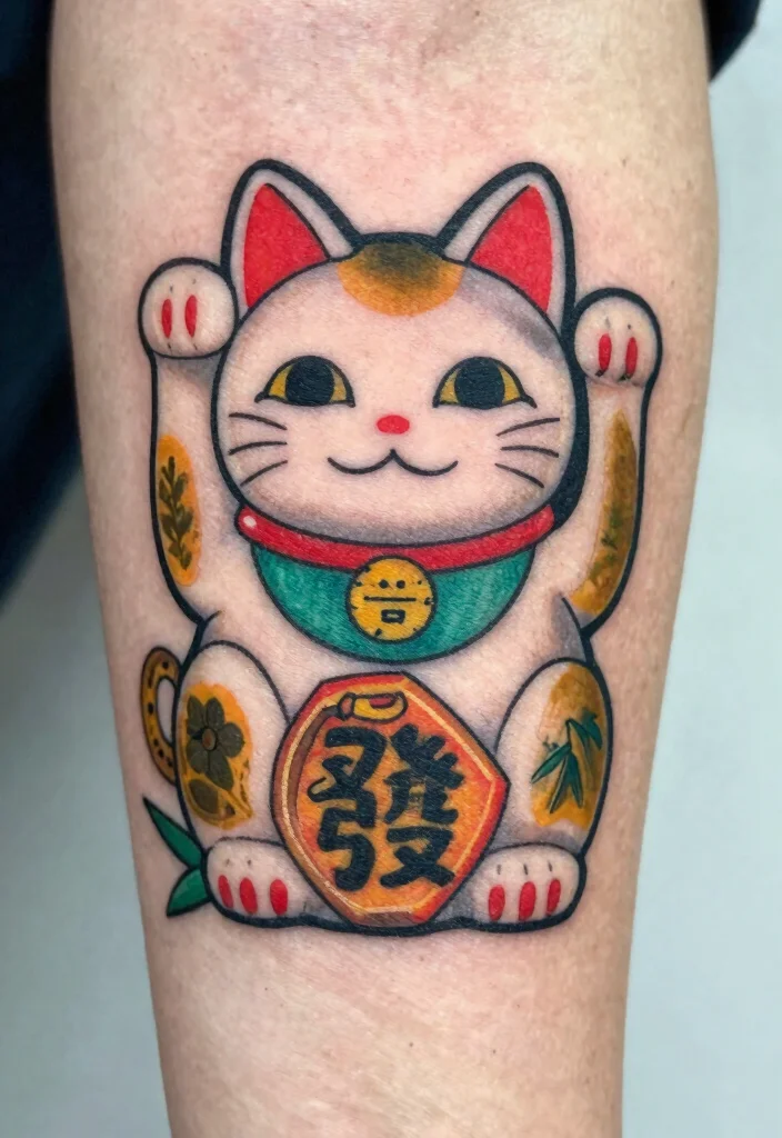 16 Lucky Cat Tattoo Ideas Fortune Cute and Symbolic - 10. Lucky Cat in a Lucky Charm Setting 1