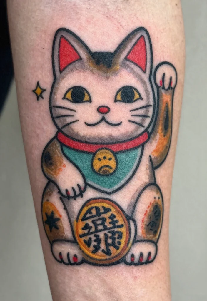 16 Lucky Cat Tattoo Ideas Fortune Cute and Symbolic - 12. Vintage-Inspired Lucky Cat 1