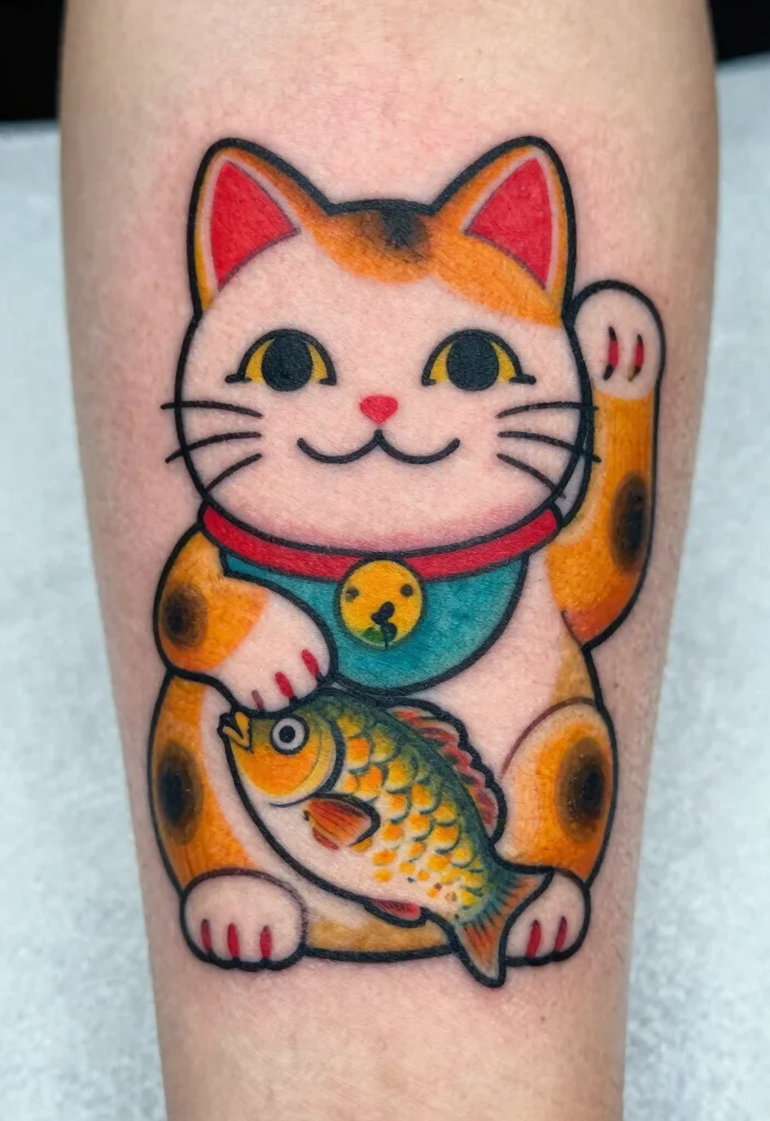 16 Lucky Cat Tattoo Ideas Fortune Cute and Symbolic - 14. Lucky Cat Holding a Fish 1