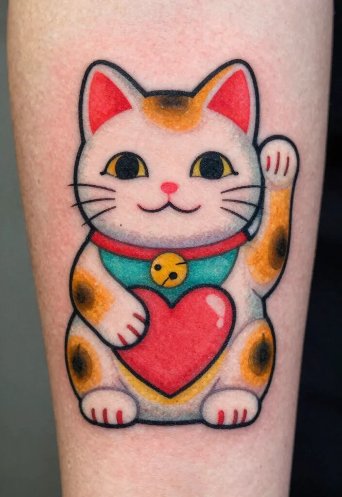 16 Lucky Cat Tattoo Ideas Fortune Cute and Symbolic - 15. Lucky Cat with a Heart 1