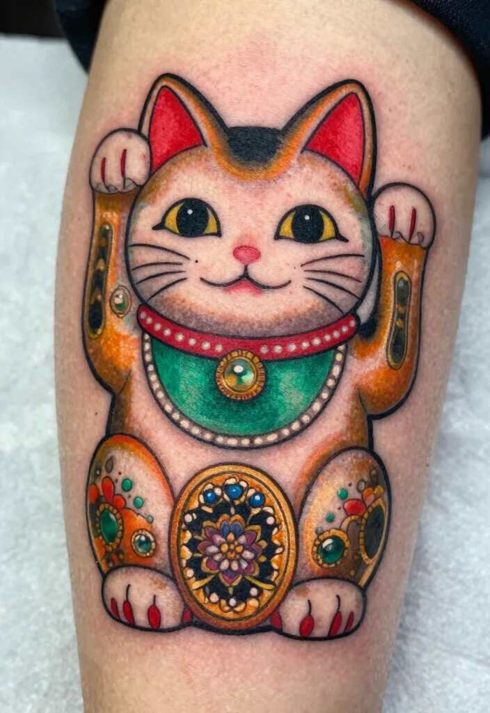 16 Lucky Cat Tattoo Ideas Fortune Cute and Symbolic - 2. Colorful Fortune Cat 1