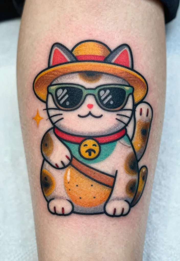 16 Lucky Cat Tattoo Ideas Fortune Cute and Symbolic - 4. Whimsical Lucky Cat with Accessories 1