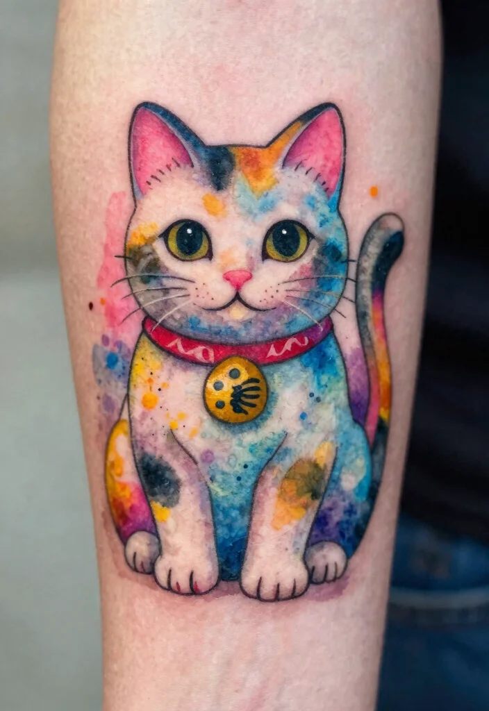 16 Lucky Cat Tattoo Ideas Fortune Cute and Symbolic - 7. Watercolor Lucky Cat Tattoo 1
