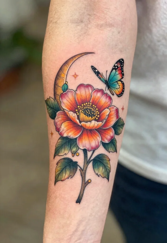 16 Moon Flower Tattoo Ideas: Soft, Spiritual, and Artistic - 13. Moon Flower with Insect Elements 1