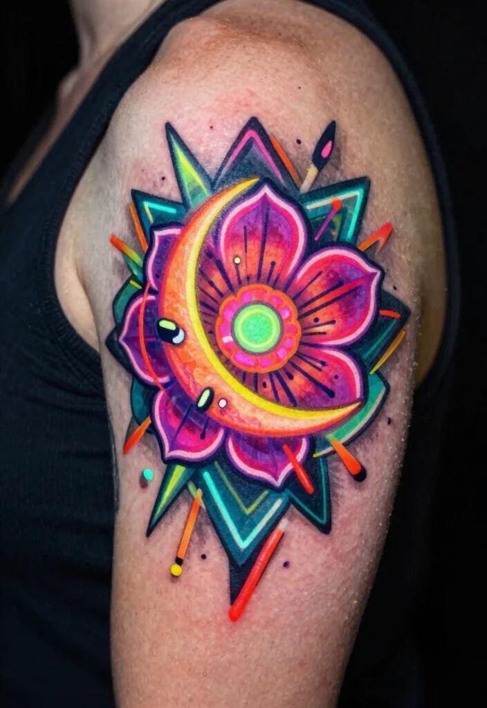 16 Moon Flower Tattoo Ideas: Soft, Spiritual, and Artistic - 14. Neon Moon Flower Tattoo 1