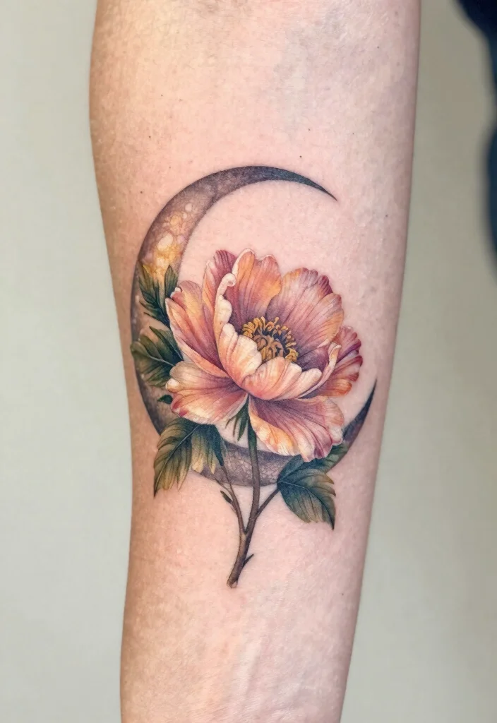 16 Moon Flower Tattoo Ideas: Soft, Spiritual, and Artistic - 5. Half-Moon Flower Design 1