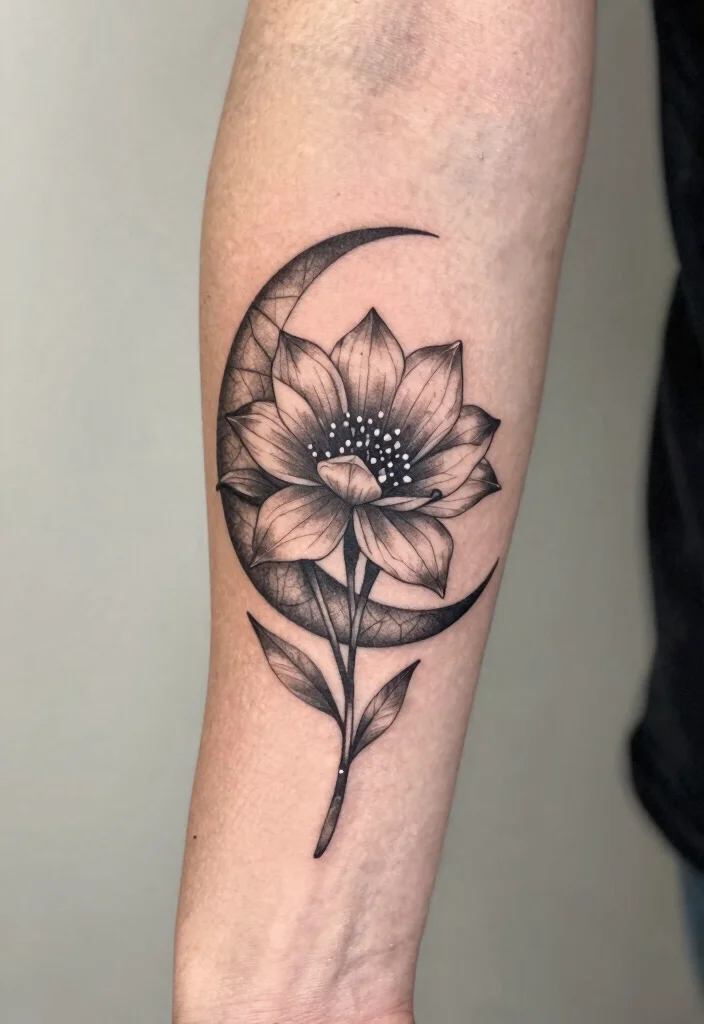 16 Moon Flower Tattoo Ideas: Soft, Spiritual, and Artistic - 7. Geometric Moon Flower 1