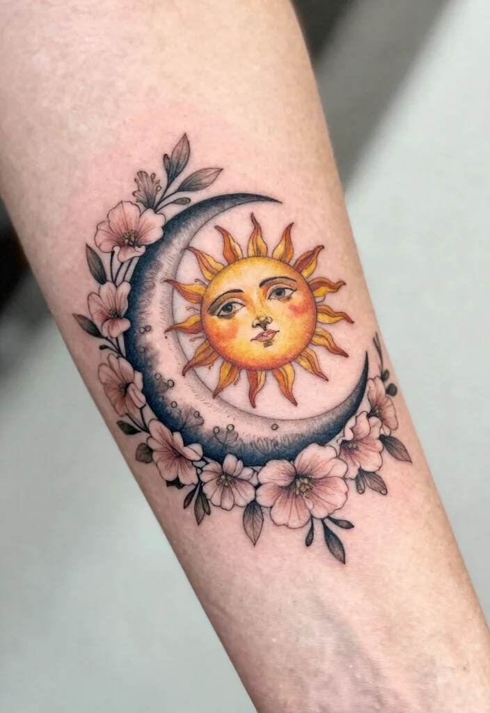 16 Moon and Sun Tattoo Ideas for Balance, Energy, and Harmony - 10. Floral Accents 1