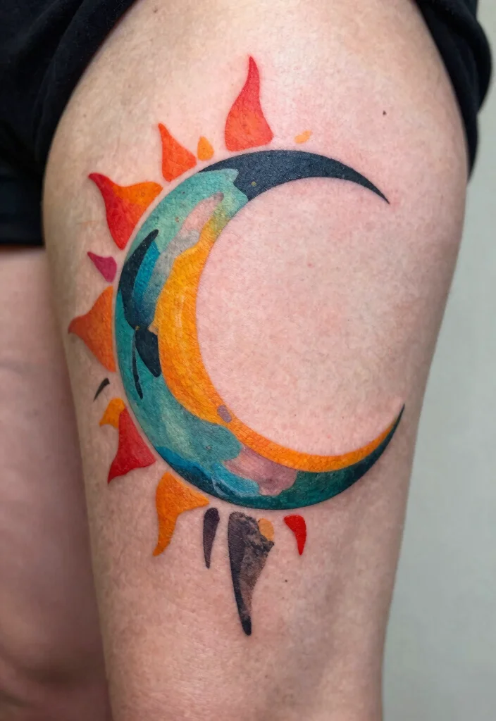 16 Moon and Sun Tattoo Ideas for Balance, Energy, and Harmony - 11. Abstract Art Approach 1