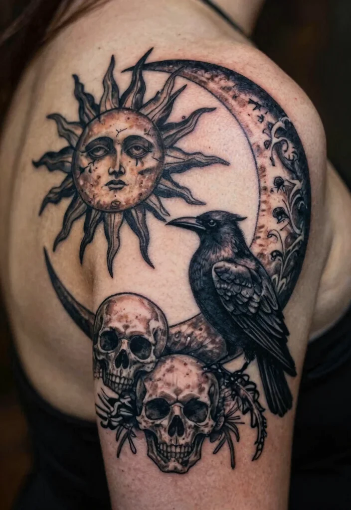 16 Moon and Sun Tattoo Ideas for Balance, Energy, and Harmony - 13. Dark and Mystical Themes 1