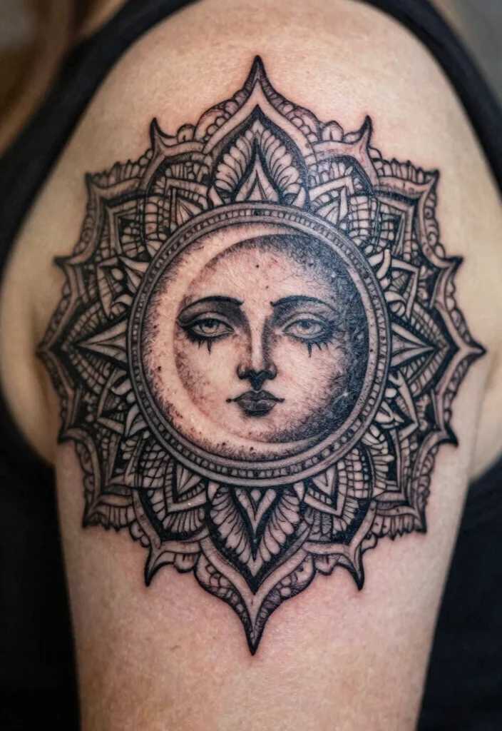16 Moon and Sun Tattoo Ideas for Balance, Energy, and Harmony - 2. Celestial Mandala 1