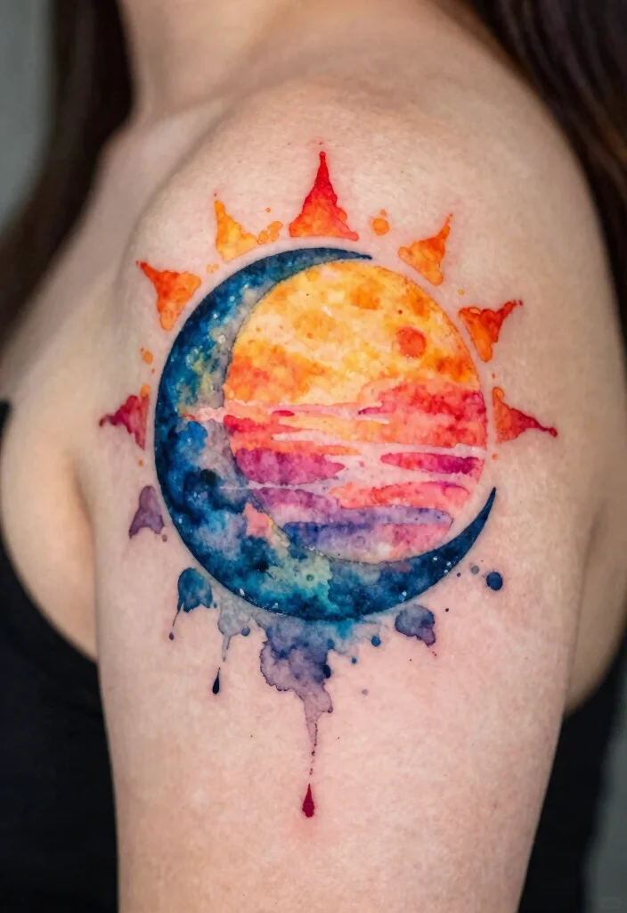 16 Moon and Sun Tattoo Ideas for Balance, Energy, and Harmony - 4. Watercolor Magic 1