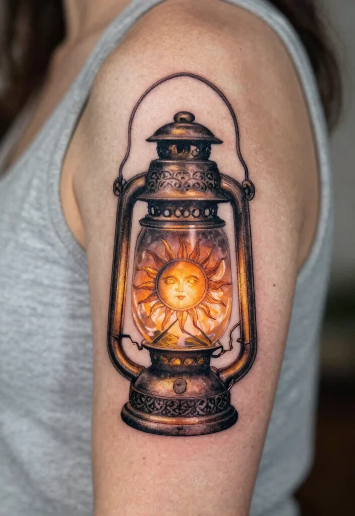 16 Moon and Sun Tattoo Ideas for Balance, Energy, and Harmony - 6. Vintage Lantern Style 1