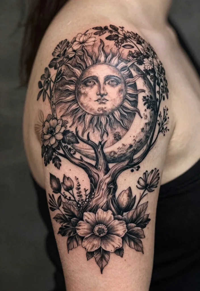 16 Moon and Sun Tattoo Ideas for Balance, Energy, and Harmony - 7. Nature-Inspired Elements 1