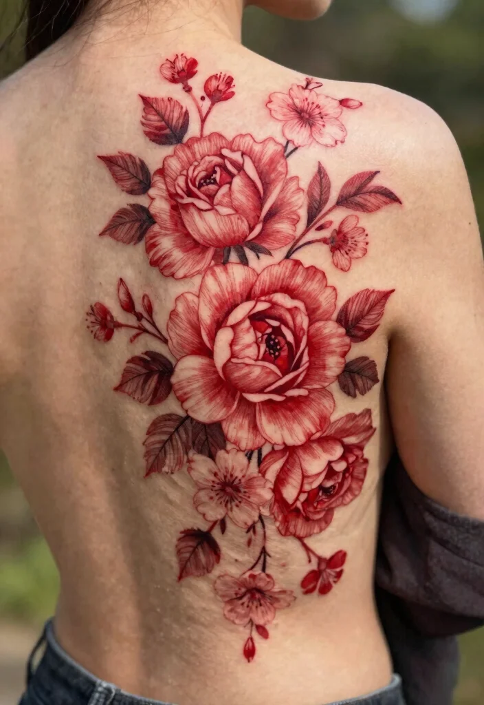 16 Red Back Tattoo Ideas: Bold Statement Designs - 2. Floral Red Contrast 1