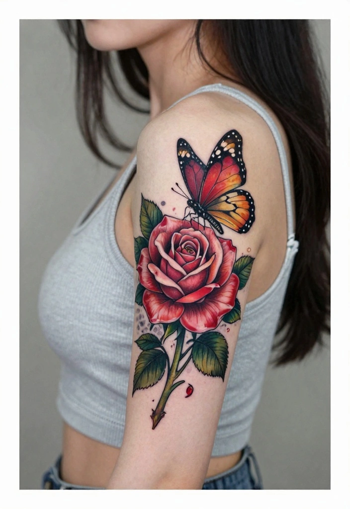 16 Rose Arm Tattoo Ideas Flowing Classic and Beautiful - 10. Rose and Butterfly 1