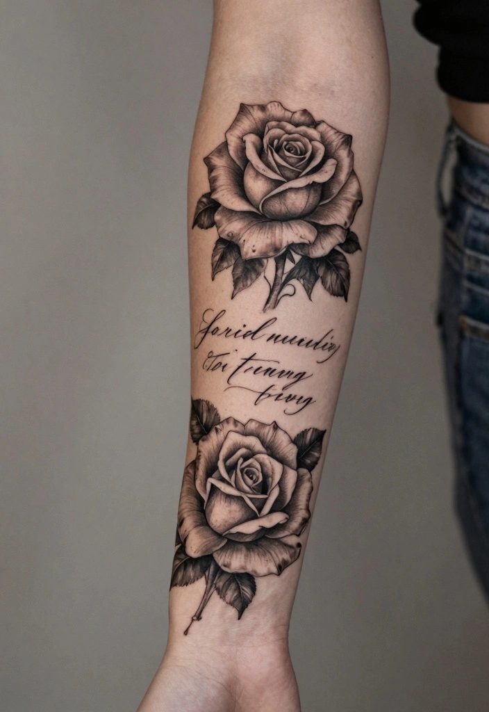 16 Rose Arm Tattoo Ideas Flowing Classic and Beautiful - 11. Rose with Quote 1