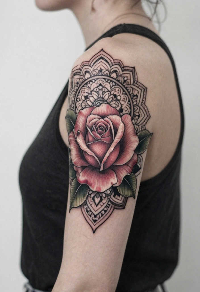 16 Rose Arm Tattoo Ideas Flowing Classic and Beautiful - 15. Rose and Mandala 1