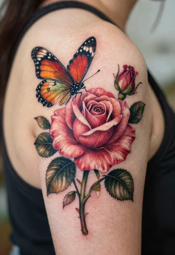 16 Rose Tattoo Vorlage Ideas: Clean, Classic, and Versatile - 11. Rose and Butterfly Tattoo 1