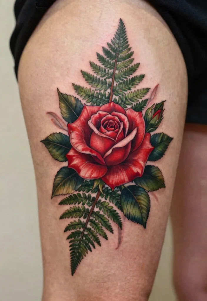 16 Rose Tattoo Vorlage Ideas: Clean, Classic, and Versatile - 15. Rose and Fern Tattoo 1