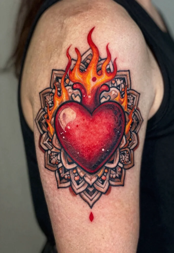 16 Set Your Heart Ablaze Tattoo Ideas Powerful and Passionate - 16. Flame and Heart Mandala 1