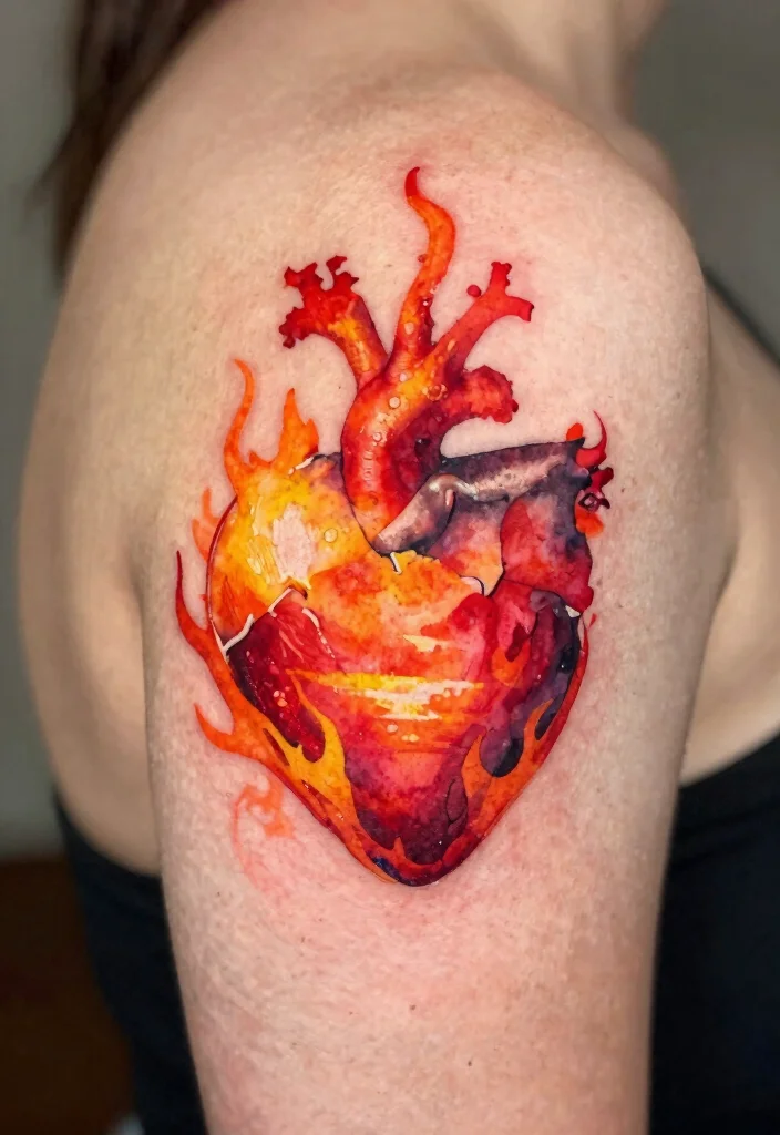 16 Set Your Heart Ablaze Tattoo Ideas Powerful and Passionate - 3. Watercolor Heart Flames 1