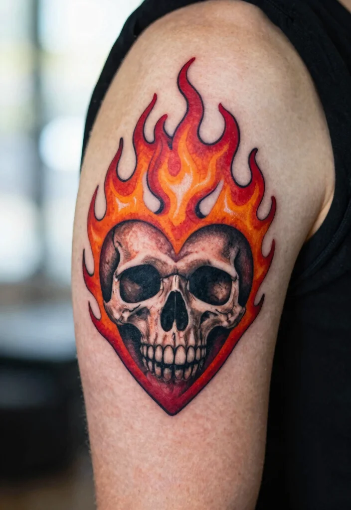 16 Set Your Heart Ablaze Tattoo Ideas Powerful and Passionate - 8. Flaming Skull Heart 1