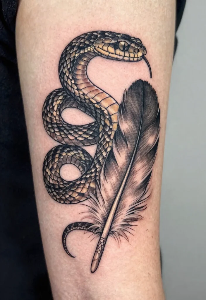 16 Snake Arm Tattoo Ideas: Fierce, Flowing, and Bold - 12. Snake and Feather Tattoo 1