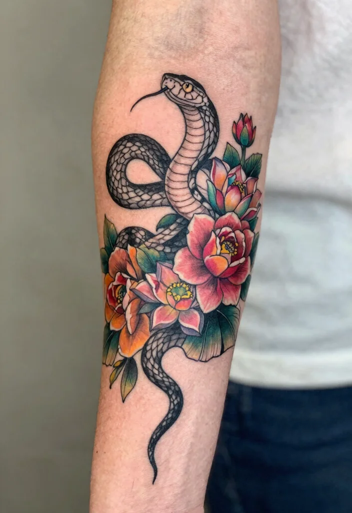 16 Snake Arm Tattoo Ideas: Fierce, Flowing, and Bold - 3. Snake with Floral Elements 1