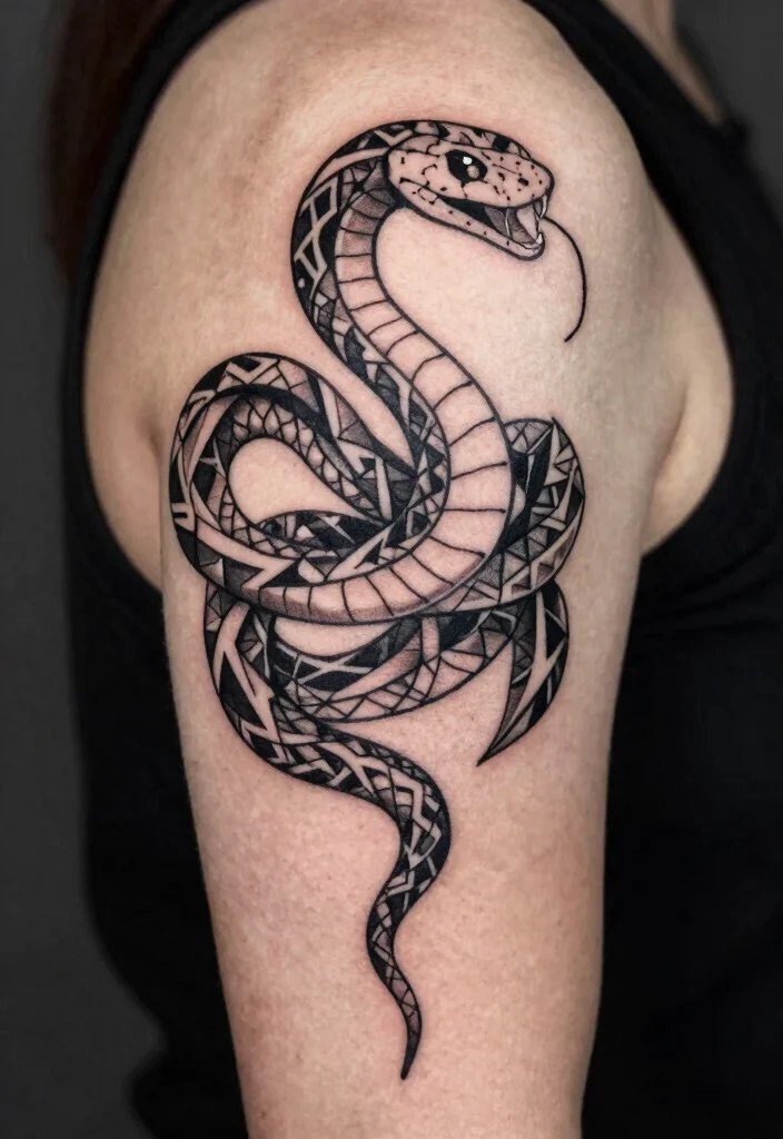 16 Snake Arm Tattoo Ideas: Fierce, Flowing, and Bold - 4. Geometric Snake Design 1