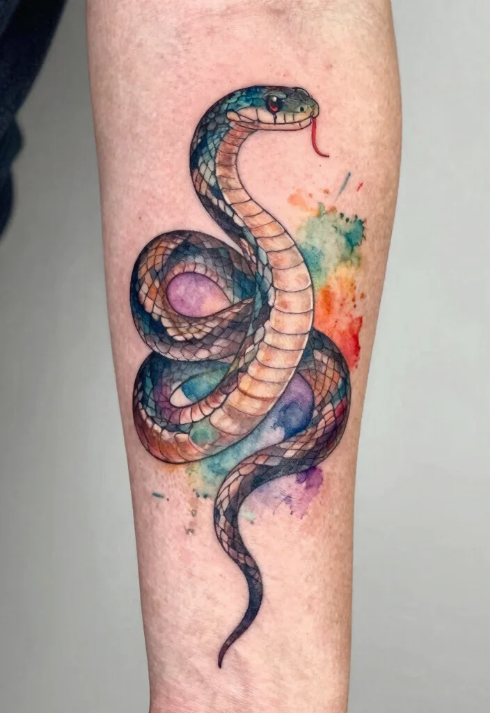 16 Snake Arm Tattoo Ideas: Fierce, Flowing, and Bold - 5. Watercolor Snake Tattoo 1