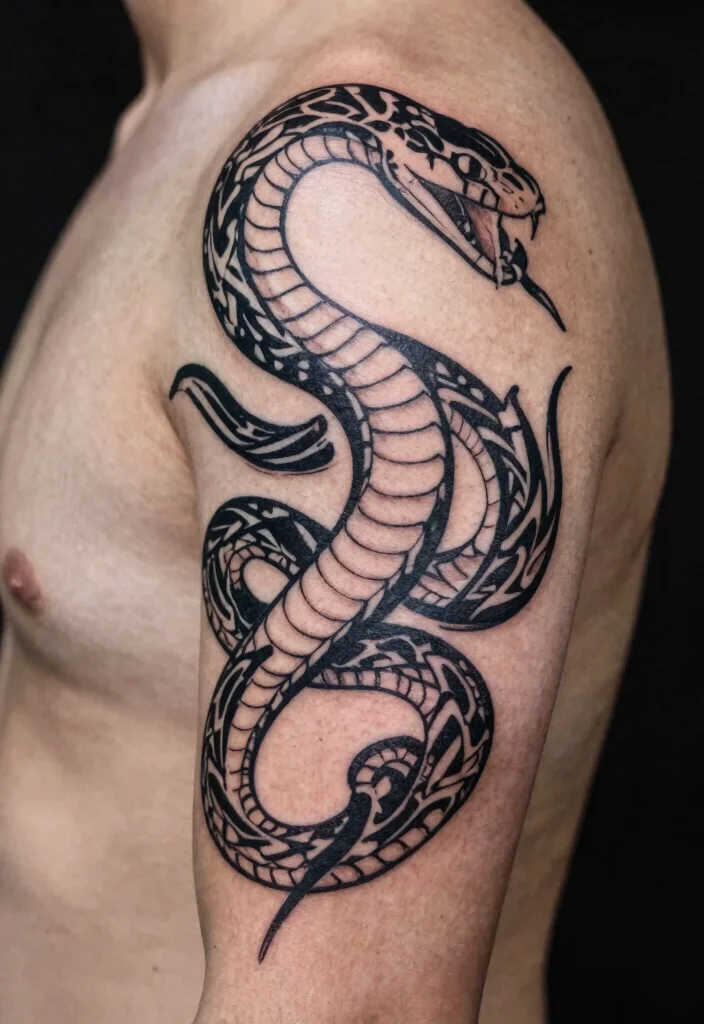 16 Snake Arm Tattoo Ideas: Fierce, Flowing, and Bold - 6. Tribal Snake Tattoo 1