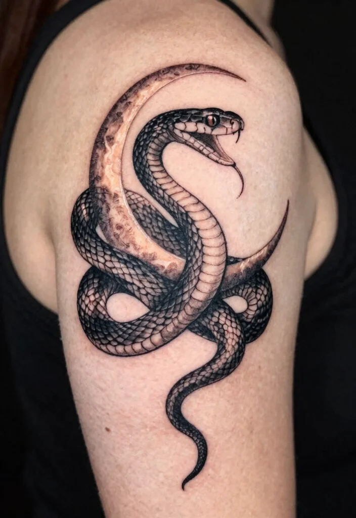 16 Snake Arm Tattoo Ideas: Fierce, Flowing, and Bold - 7. Snake and Moon Tattoo 1