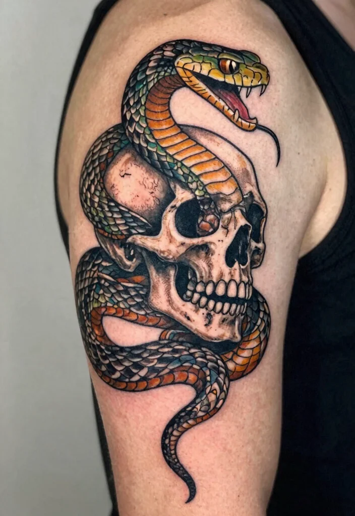 16 Snake Arm Tattoo Ideas: Fierce, Flowing, and Bold - 9. Snake and Skull Tattoo 1