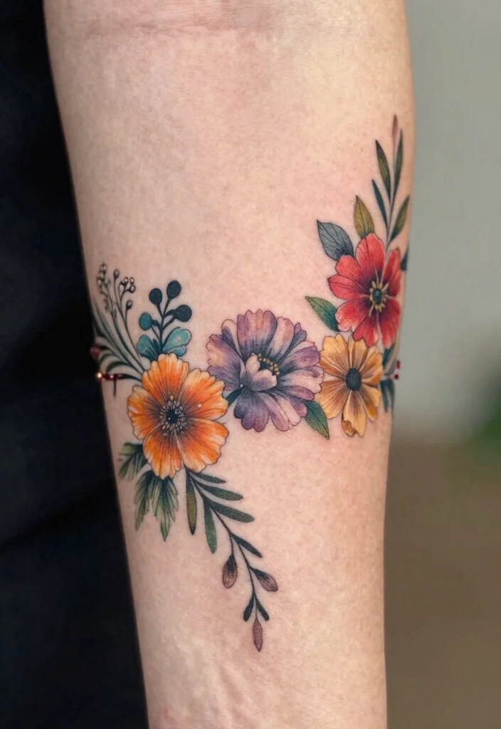16 Tangled Flower Tattoo Ideas: Magical, Whimsical, and Soft - 10. Bohemian Floral Armband 1